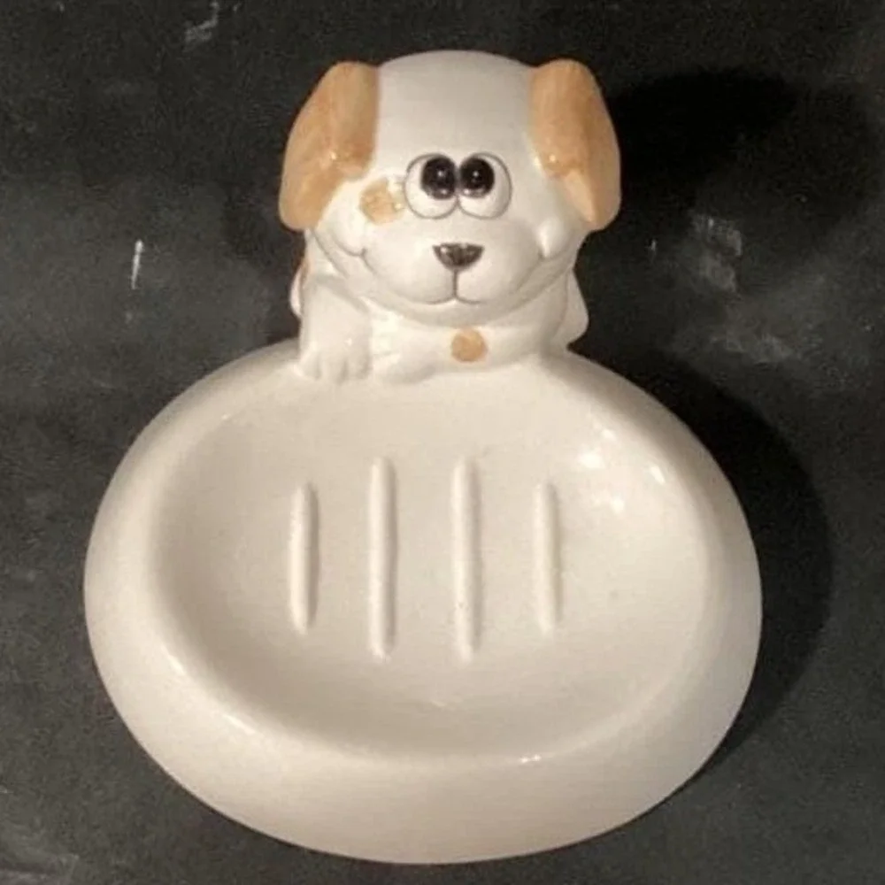 Puppy Dog Ceramic Soap Dish, Vintage Art Deco-Style Bathroom Decor Vanity Accent